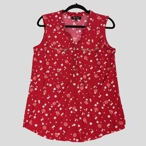 Lily Morgan Sleeveless Floral Top Womens Med Red V Neck Half Button Blouse
